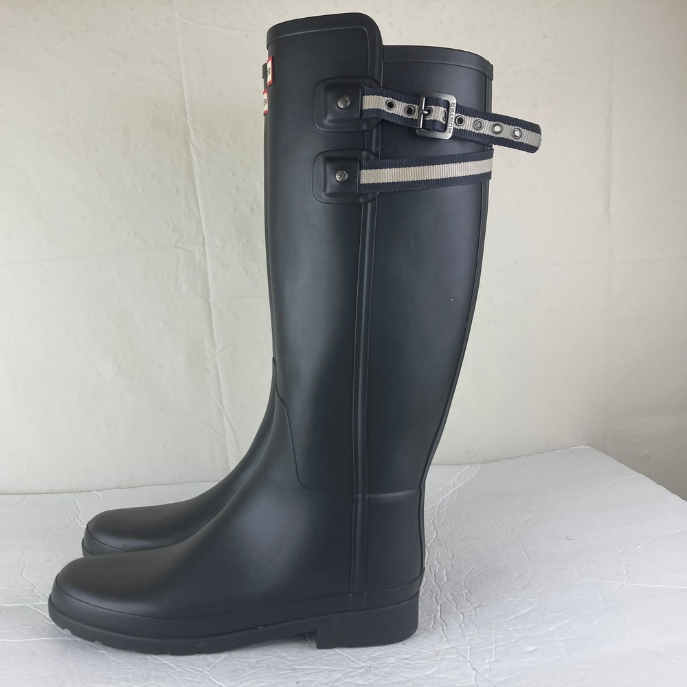 Hunter Original Tall Rain Boots Women 9 Black Striped Buckle Strap Equestrian - Picture 2 of 12